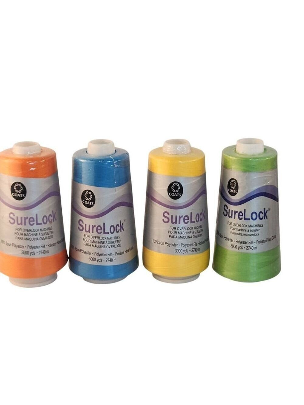 Coats SureLock Overlock Machine Thread 4-Pack 3000 Yards Each Orange Blue Yellow
